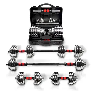 44Lbs Adjustable Dumbbell Set with 3 in 1 Barbell Rod Chrome Weights Hardcover Gift Box Premium Home Gym Equipment Heavy Duty Portable Training Free Weights