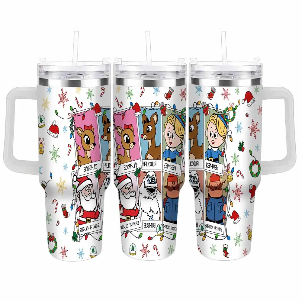 Retro Christmas Car Cup 40oz/30oz with Cartoon Reindeer Santa Snowman Photo Frame Print Insulated Tumbler with Handle Straw for Holiday Party Office Travel Gift