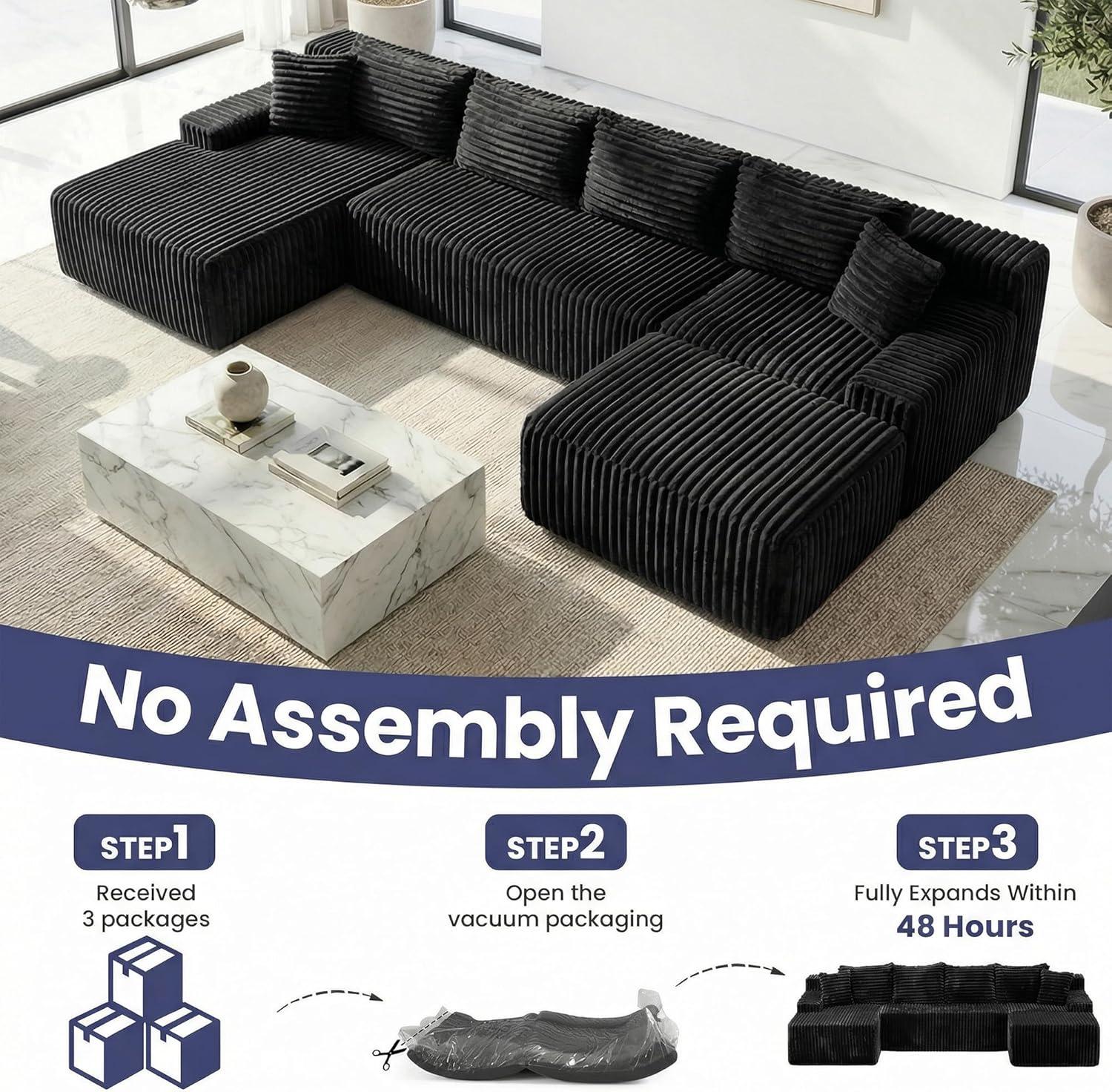 winzoo couch 126" Cloud Sectional Couch for Living Room, Oversized 6 Seat Convertible Modular Sectional Sofa Bed with High Back Ottoman, Plush Corduroy U Shaped Boneless Couch Compression Sofas, Grey