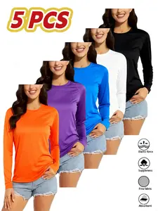 5pcs Women's Long Sleeve Athletic T-Shirts - 100% Polyester, V-Neck, Medium Stretch, Moisture-Wicking & Breathable, Five Color Options for Running, Gym, Outdoor - Fall/Winter Collection, Workout Shirts, Gym Wear, Solid Color Top, Breathable Fabric