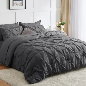 Comforter Set 7 Pieces Bed in A Bag Black Comforters Queen Size Bed Set Pintuck Pinch Pleat Complete Bedding Sets with Comforter, Flat Sheet, Fitted Sheet and Pillowcases & Shams