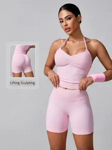 Women's Tracksuit Set Solid Ruched Design Backless Halter Top & High Waist Shorts Sporty Breathable Comfortable Two-piece Outfits for Yoga Gym Workout Running Yoga Clothes Set Sportswear Fitness Training Clothes
