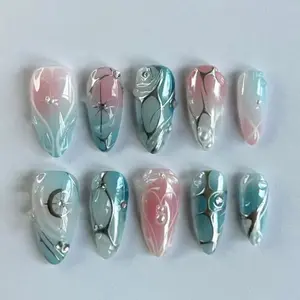 24 Pcs Silver Foil Irregular Lines Vintage Pattern Heart Tarot Style False Nails, 3D Gel Silver Stripes Stars Moon Press On Nails, Pearl Blue Gradient Ombre Cyberpunk Tech Sense Removable Nails with Jelly Glue and Nail File