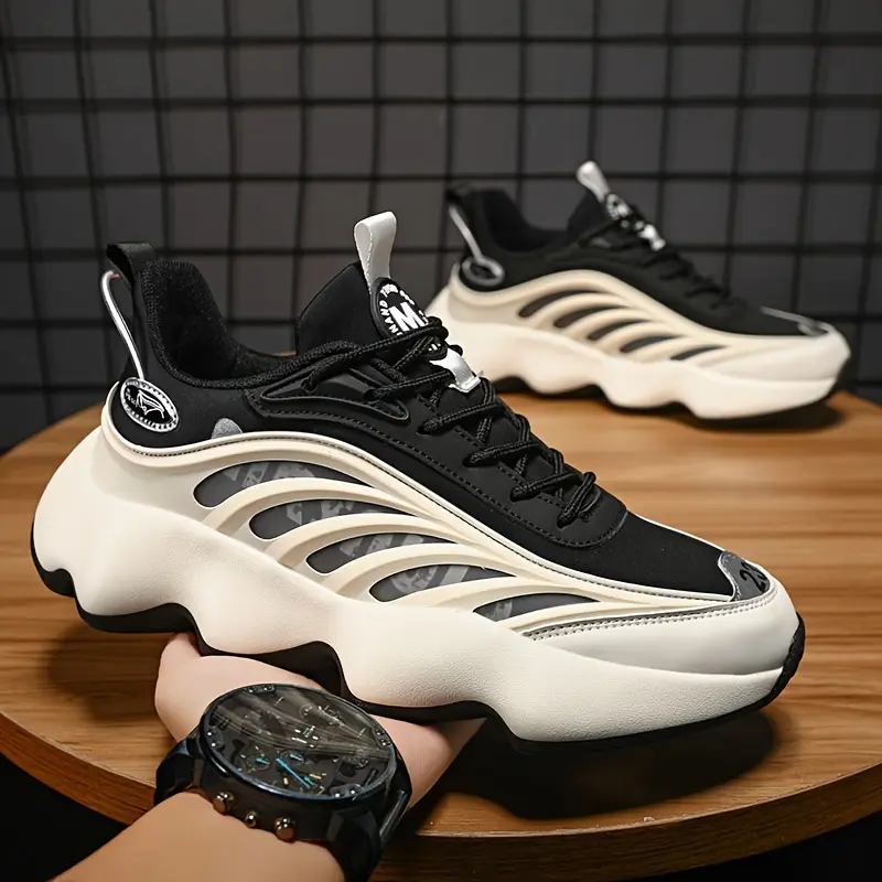 Men's Laces Casual Trainers, Black and White Stripes, Height-Boosting Thick-Soled Dad Sneakers, Breathable Fabric Lining, EVA Insole, MD Sole, All-Seasons Outdoor Casual Wear Shoes