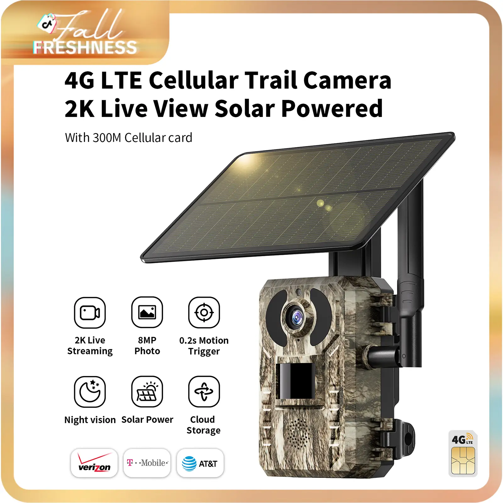 [FallFreshness] 4G LTE Solar Game Camera – 2K Live Video, No Power Cord Required,WiFi Not Supported,Remote APPControlled, WaterProof, Motion Activated