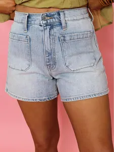 Trendy High Waisted Patch Pocket Denim Shorts, Retro Style Jean Shorts with Front Pocket Detail, Chic Summer Vacation Bottoms
