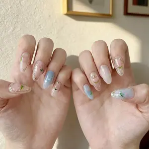 Sweet Gradient Gold Almond Nail Art, Tulip Star Bow Pre-Made Nails, Cute Sweet Style, Wearable Manicure Set, Fashion Accessories