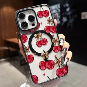 Cherry Leopard Bow Heart Pattern Acrylic Anti-Drop Phone Case Cover, Magnetic Ring Wireless Charging, Fits Apple iPhone & Samsung Models