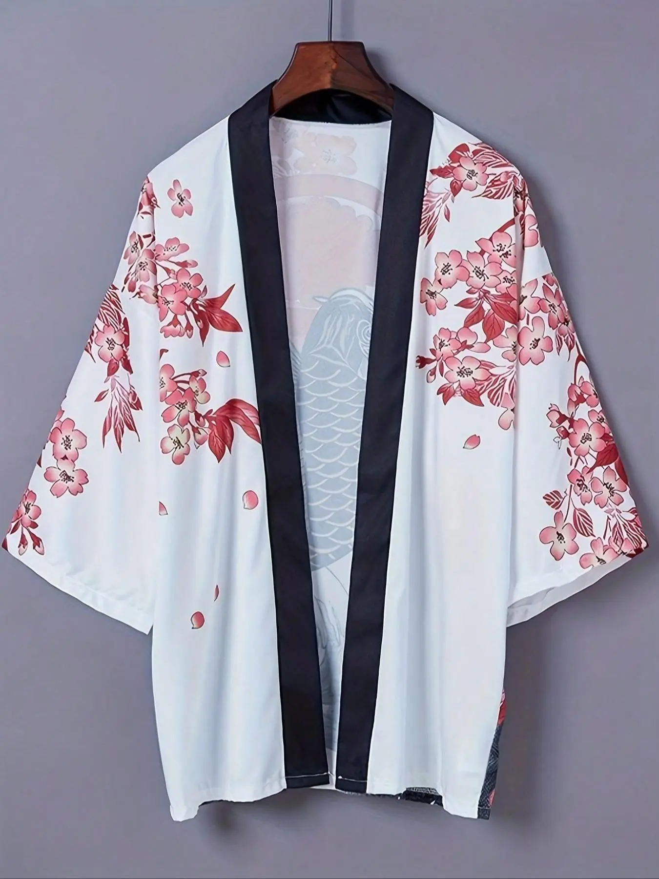 Cherry Blossom Koi Print Kimono Jacket, Loose 3/4 Sleeves Summer Haori Kimono Jacket, Lightweight Sun Protection Shirt for Couples Casual Travel Wear, Womenswear Clothes