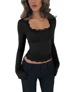 Sexy Tight-Fitting Long Sleeve Top, Solid Color Slimming U-Neck, Fashionable Lace Trim, Fall & Winter Wear, Enhances Bust