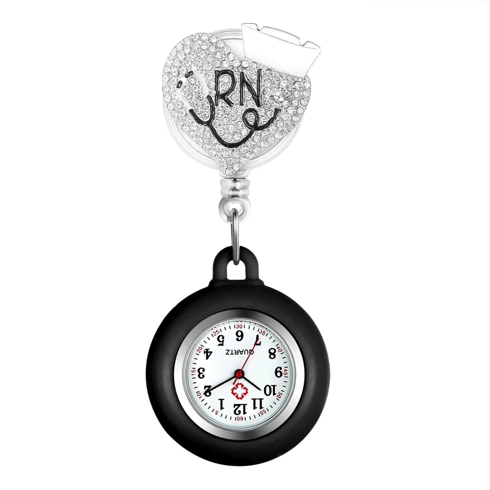 OIDEA Full Rhinestone Diamond Heart Nurse Fob Watch - Retractable Eco Silicone Clip-On Jeweled Luxury-Looking Heart Embellished Band Pocket Watch for Medical Workers, Black, Jeweled Pocket & Fob Watches, Heart Embellished Band Pocket & Fob Watches