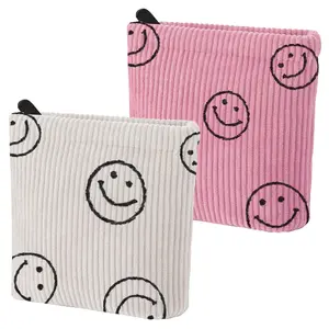 2 PCS Preppy Corduroy Period Bag for women, Cute Smiley Face Sanitary Napkin Storage Bag Portable Period Pouch with Zipper