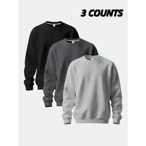 Men's 3 Pack Crew Neck Sweatshirts, Soft Fleece Casual Pullover Set, Classic Solid Color Long Sleeve Tops for Daily Wear, Workout & Layering