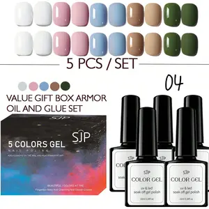 5 Color Gel Nail Polish Set, Long Lasting, Anti-Crackle, Glitter Silver Champagne Rose Gold, Perfect for New Year Fall Holidays