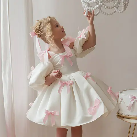 Kid Girls' Slight Fitted Princess Bubble Dress, Move-Easy Short Puff Sleeves, Color Contrast Bow Accents, Toddler Party Dress for Piano Performance (2-8Y, 140cm 8Y, White, Princess-Like Look, All Seasons, Casual) 256136