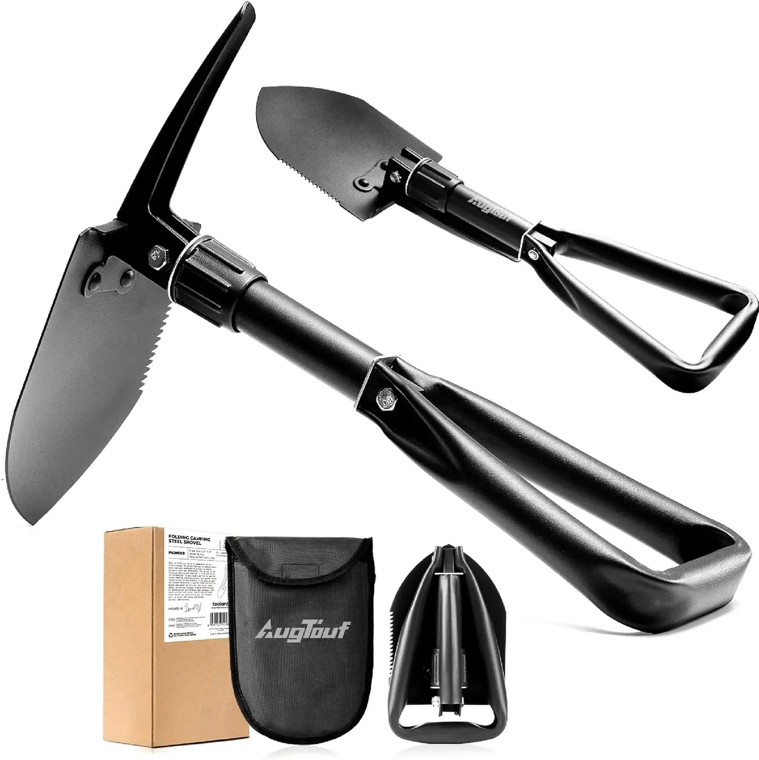 Toolant AugTouf 18-in High Carbon Steel Military Folding Camping Shovel (Black) - Tactical Garden Spade, Hiking Gear, Outdoor Survival EDC Equipment