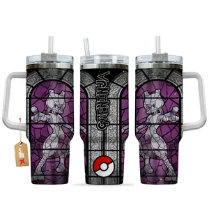 Mewtwo Anime Tumbler 40oz with Handle, Pokémon Aesthetic Cup, Psychic Legendary Pokémon Mug, Mewtwo Fan Gift, Anime Travel Mug, Stainless Steel Tumbler