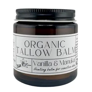 Organic Tallow Balm, grass-fed beef tallow, Nourishing Organic All Purpose Moisturizer Versatile Moisturizing with vanilla and manuka honey, healing balm for sensitive skin, Skin Repair