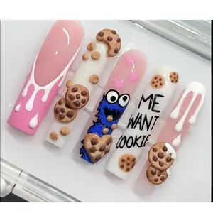 Cookie Monsterest Press On Nails | Cute 3D Dessert Kawaii Nail Set | Pink Hot Nails 2026