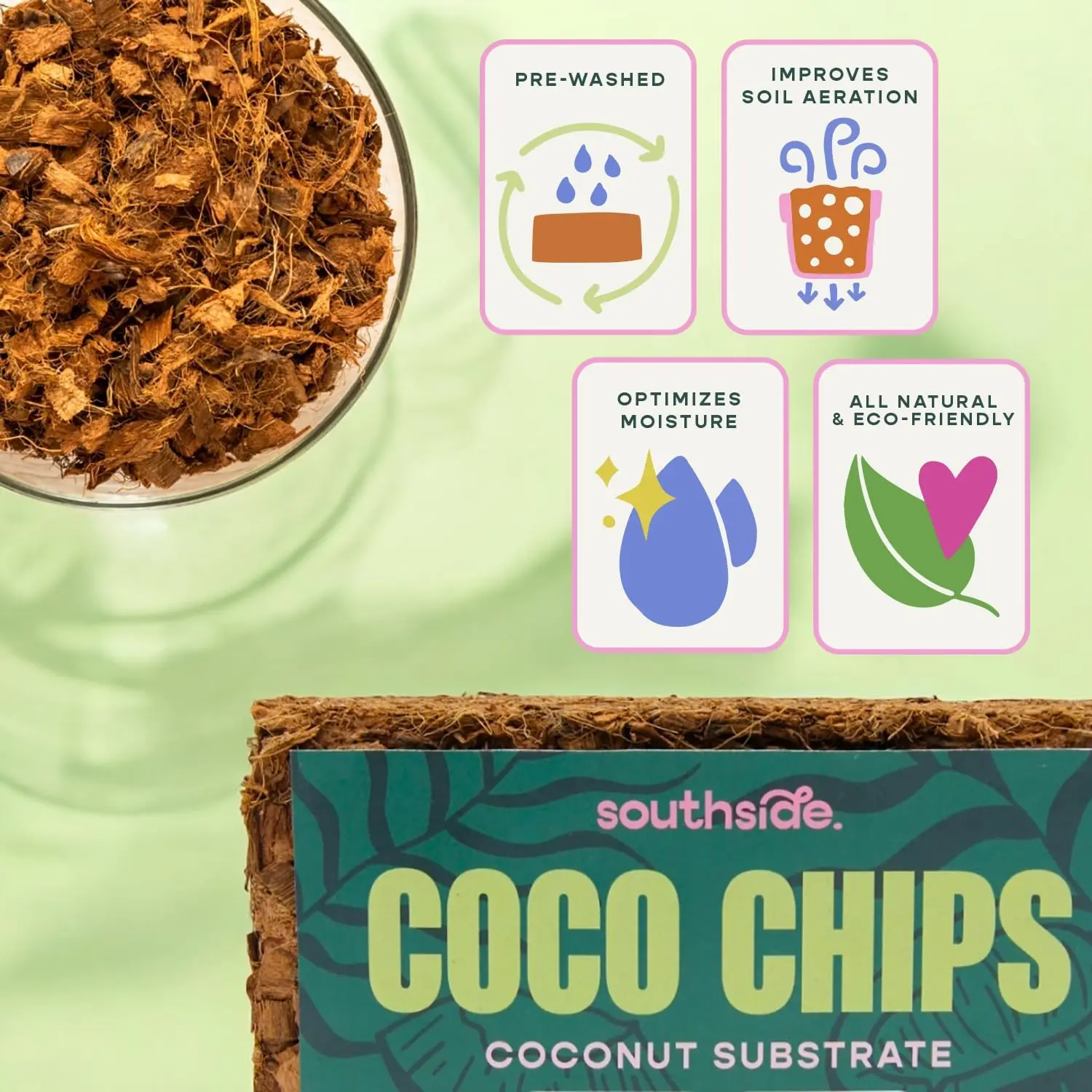 Southside Plants Coco Chip Potting Soil for Garden Plants - Pre-Rinsed Organic Eco-Friendly Chunky Coconut Substrate 1.1 lb 500g Single Brick
