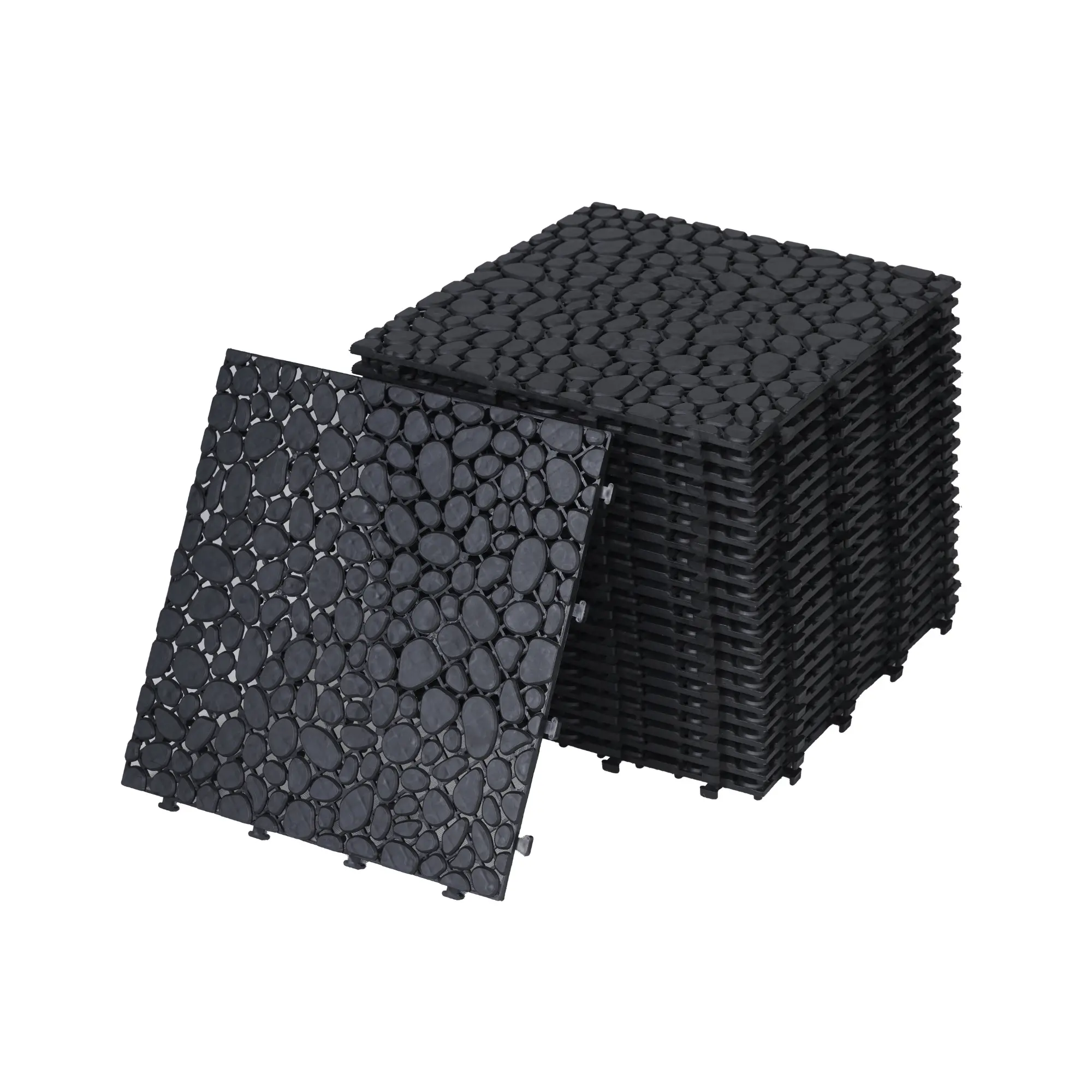 12 x 12 Inch Black Interlocking Deck Tiles Plastic Waterproof Outdoor All Weather Anti-slip Bathroom Shower Balcony Porch Strong Weight Capacity Upto 440 LBS, Pebble Stone Pattern Pack of 12