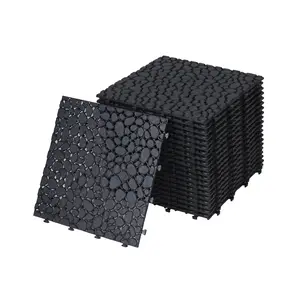 12 x 12 Inch Black Interlocking Deck Tiles Plastic Waterproof Outdoor All Weather Anti-slip Bathroom Shower Balcony Porch Strong Weight Capacity Upto 440 LBS, Pebble Stone Pattern Pack of 12