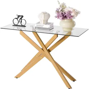 Summervibes VEVOR Glass Console Table, Modern Rectangle Entryway Table with Tempered Glass Top & Iron Cross-Legs, Golden Consloe Desk with Adjustable Anti-Slip Foot Pads for Living Room, Entryway, HallwayVEVOR Super Brand Day