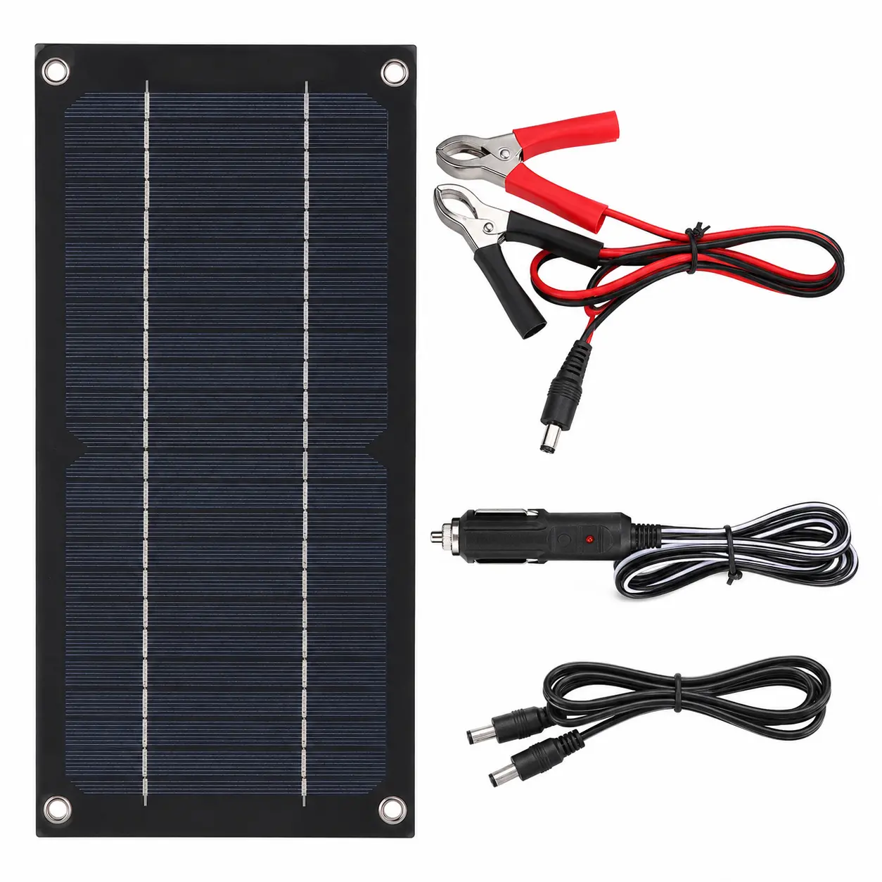 12V solar car battery charger, compact 8.5W trickle charging board with 4 mounting holes, cigarette lighter adapter, and battery clamps, suitable for cars, RVs, boats, and outdoor equipment