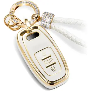 for Audi Key Fob Cover with Luxury Diamond Bling Braided Rope Keychain, Upgraded Soft Key Case for A3-A8 Q5 Q8 R8 RS4-RS7 S4-S8 SQ5 Key Fob Shell (Gold Edge Bling,B)