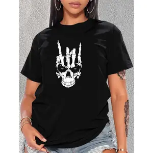 Skull Hand Print T-shirt, Short Sleeve Crew Neck Casual Top For Summer & Spring, Halloween Women's Clothing