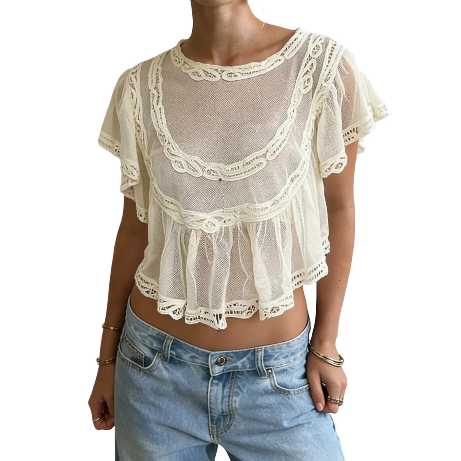 Women Sheer Mesh Lace Crop Top, Ruffle Flutter Short Sleeve Round Neck Tiered Ruffled See Through Blouse, Vintage Hollow Out Scalloped Lace Trim Y2K Cropped Shirt, Sexy Layered Mesh Peplum Top for Club Party Daily Streetwear