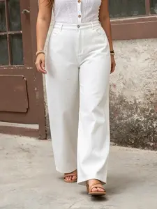 Plus Size High-Waisted Wide-Leg Jeans Casual Loose Fit Denim Pants, Soft Comfortable Fabric, Y2K Clothes Summer Daily Wear, Trendy Basic Bottoms, Comfortable Relaxed Fit Casual Ensembles, Stylish Solid Color Detail Party Casual Wear
