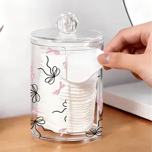 Cute Bow Print Cosmetic Cotton Pad Storage Box, Acrylic Transparent Material, Cotton Swab & Dental Floss Holder, Home Office Desk Organizer, Desktop Storage Box, Portable Storage Organizer, Cosmetics Storage Box
