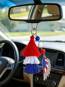 July 4th Keychain, Patriotic Blue Fringe Keychain, Gold Angel Wing Pendant, Beaded Accessory, Independence Day Bag Charm, Holiday Gift