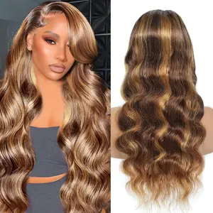 Ombre Lace Front Wig Human Hair 4/27 13X4 HD Body Wave Highlight Lace Front Wig Human Hair Pre Plucked with Baby Hair 24Inch Glueless Lace Front Wigs 180% Density WRLYYEO