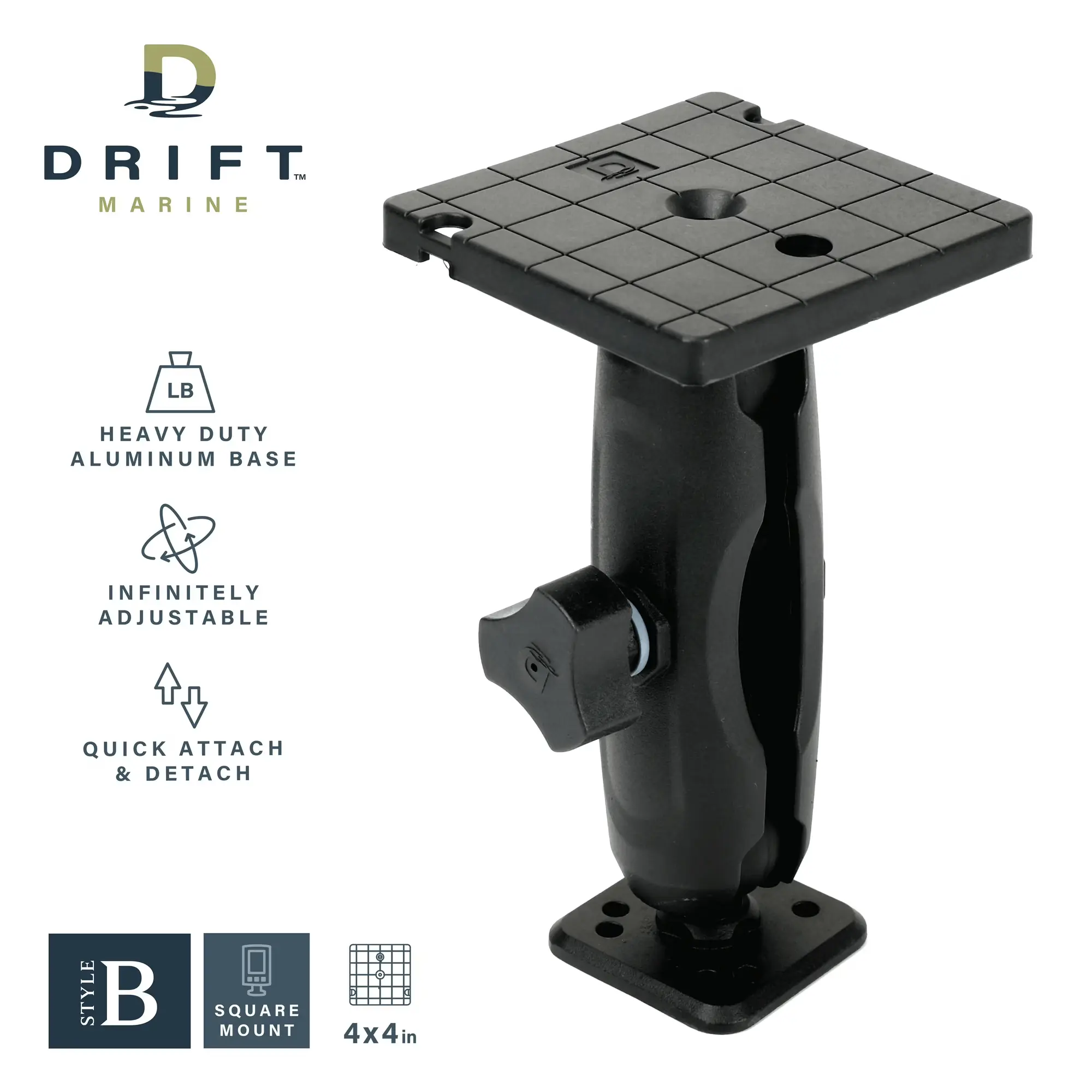 Day Drift Marine Square Fish Finder Mount, Heavy Duty Aluminum, 4x4 inch Base, Quick Attach, Black