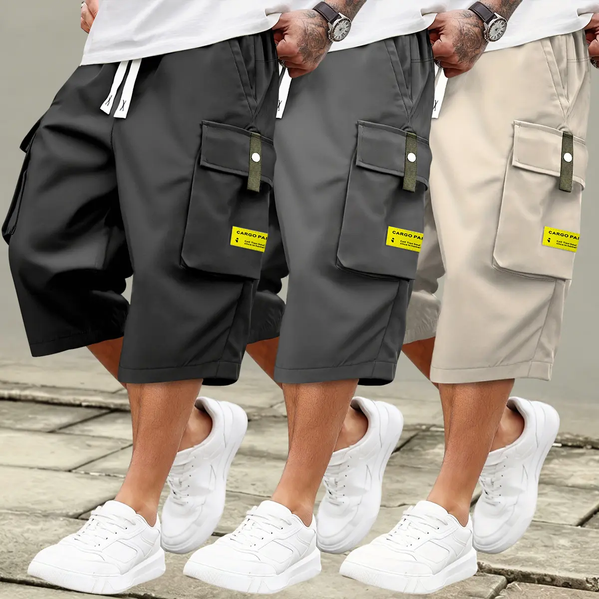 Men's Plain Cargo Capri Shorts - Pocketed, Multipocket, Fashion Letter Label, Slightly Stretchy Polyester Fabric, Elastic Drawstring Waist, Casual Mid-Rise  for Summer Daily & Outdoor Leisure Wear, Pocketed Men's Shorts, Multipocket Men's Shorts