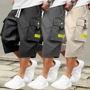 Men's Plain Cargo Capri Shorts - Pocketed, Multipocket, Fashion Letter Label, Slightly Stretchy Polyester Fabric, Elastic Drawstring Waist, Casual Mid-Rise  for Summer Daily & Outdoor Leisure Wear, Pocketed Men's Shorts, Multipocket Men's Shorts