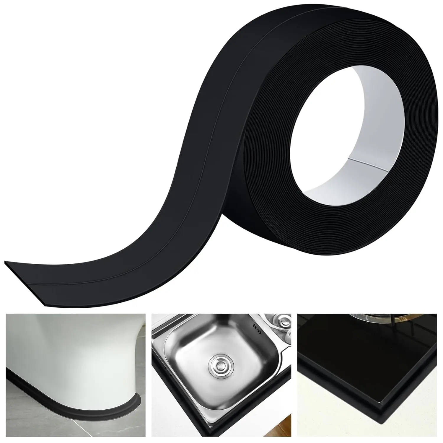 Black PE Caulk Tape Roll - 10.5ft Long, 1.4in Wide Peel-and-Stick Flexible Seal Tape for Sealing & Repair, Waterproof, Oil-Proof Strip for Bathroom Gaps, Stove, Self-Adhering Hardware Sealer with Long-Lasting Performance