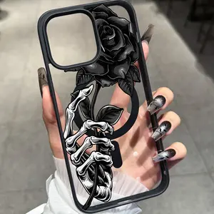 Phone Case - Gothic Style Skull Hand Black Rose Magnetic, Creative Dark-Themed Full Protective Cover for iPhone 17 E Air Pro ProMax iPhone16 15 14 Plus 13 12 11 X XS XR,Magnetic Wireless Charging