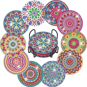 10-Pack DIY Diamond Painting Coasters Round Craft Kits, Mandala Art Acrylic Drink Mats with Non-Slip Cork Backing for Adults, Vibrant Home Decor & Unique Gift