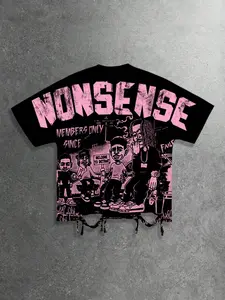 Y2K Cartoon Print Loose Fit Round Neck T-Shirt for Men and Women, European and American Streetwear Trendy Casual 2026 Summer Short Sleeve Men's T-Shirt Party Nightclub Hip-Hop Style Shirt