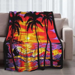 Tropical Beach Sunset and Coconut Trees Throw Blanket, Super Soft Flannel Blankets  Cozy, Fluffy and Warm for Couch, Sofa, Bed and Office. 80"×60".