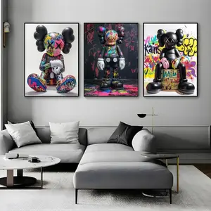 Minimalist Graffiti Figure Poster Set Of 3,Urban Wall Art,, Printable Modern Street Art,Room Decor For Home Office,Kaws Art Print Set Black And Colorful Graffiti Pattern With Logo For Living Room Wall Decor