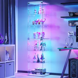 FREDEES  Glass Display Cabinet with Doors, 6-Tier Clear Curio Cabinet with RGB Lights for Collectibles, Figures, Books, 66.9" Tall LED Locking Display Case for Living Room