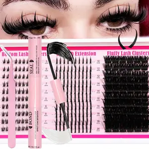 1 box of fluffy eyelash clusters+double head glue+special eyelash curler 150D+200D+300D thick volume cluster eyelash extension surgery 5-20mm dramatic long eyelash clusters light single eyelash D curve cluster eyelash DIY gorgeous eyelash extension surger