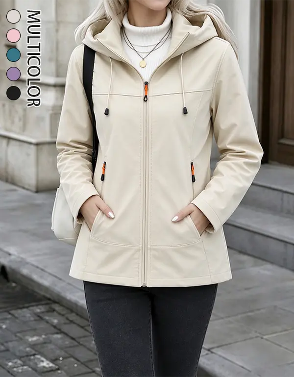 Women’s softshell hooded jacket, casual lightweight outerwear with a full-zip front closure, adjustable drawstring hood, side zipper pockets, minimalist commuter style suitable for everyday outdoor wear, available in multiple colors.