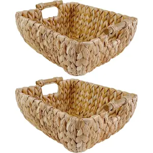 Small Rectangular Handwoven Wicker Basket - Water Hyacinth Storage Baskets with 2 Polished Wooden Handles for Store Hand Towel, Fruits & Veggies etc - 12.25"x7"x4.75" - Pack of 2 -