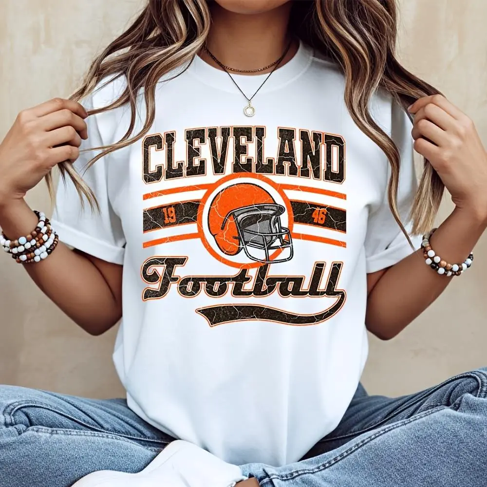 Cleveland Football Helmet Vintage Print T-Shirt, American Sports Fan Apparel, Casual Daily Wear Game Day Outfit