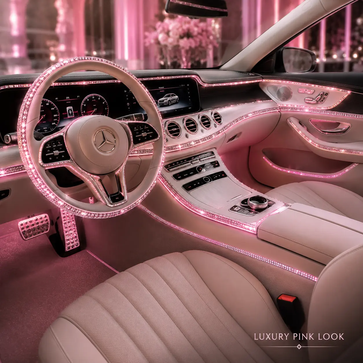 5M Car Bling Rhinestone Trim - 4-Row Pink & White Crystal Strip, Car Interior Decorative Molding, Automotive Accessories, Car Accessories